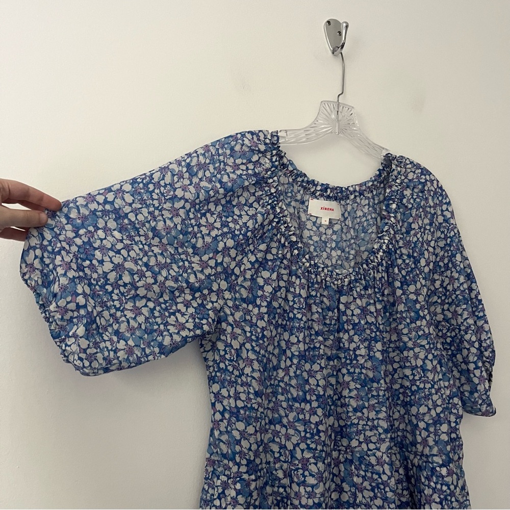 Xirena Dolly Popover Blue Floral Swing Mini Dress Cotton Silk Medium - Picture 3 of 10